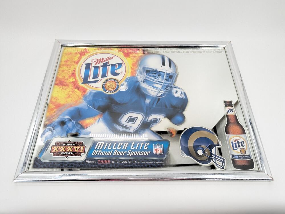 Miller Lite Vintage Super Bowl 36 LA Rams Football Bar Mirror Decor 26" x 20"
